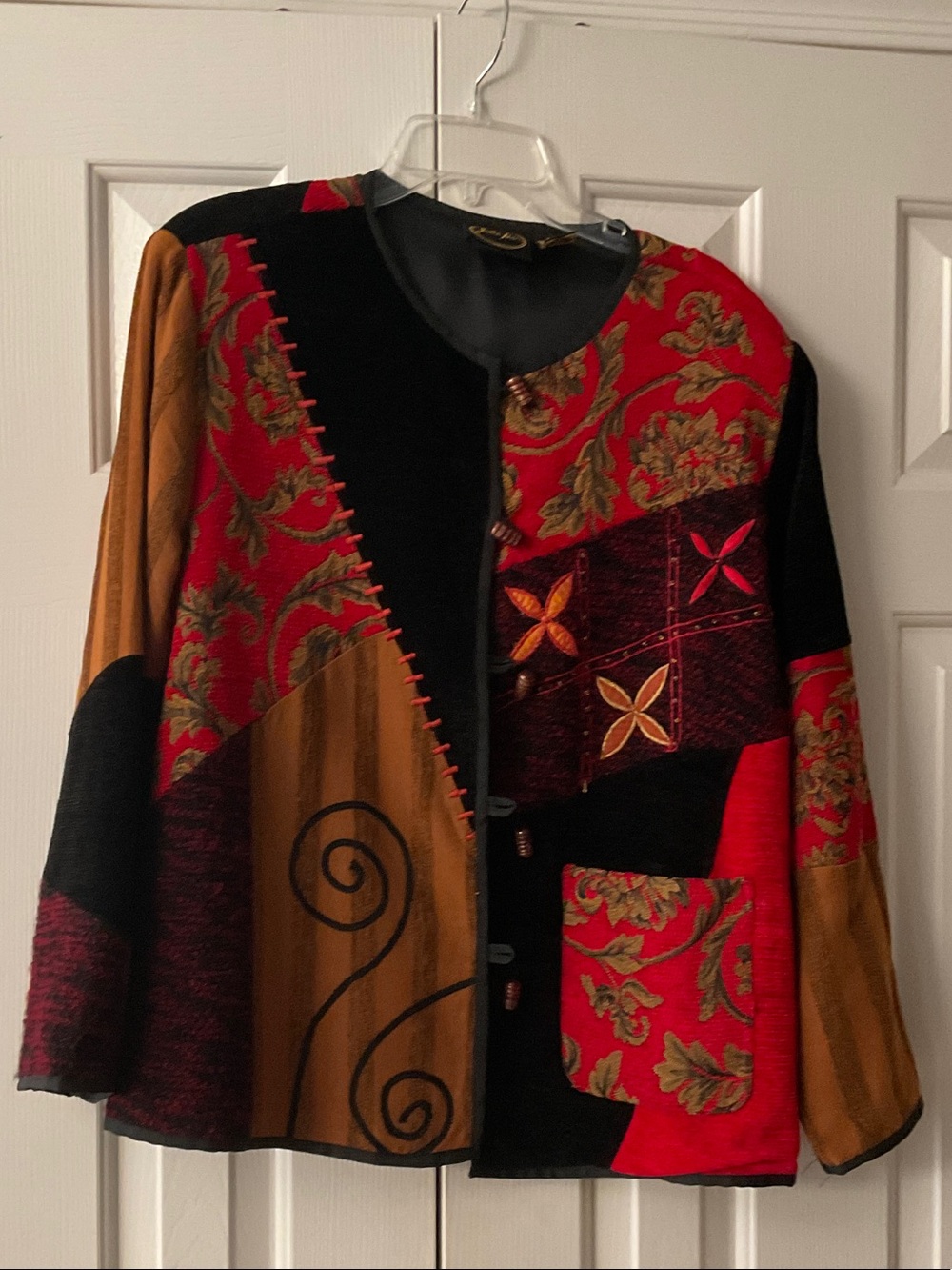 Mixed Patchwork Button-Front Women's Cardigan - Red, Black & Brown